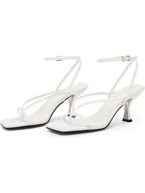 Women's White Square Open-Toe Strappy Kitten Heel Gladiator Ankle-Strap Sandals